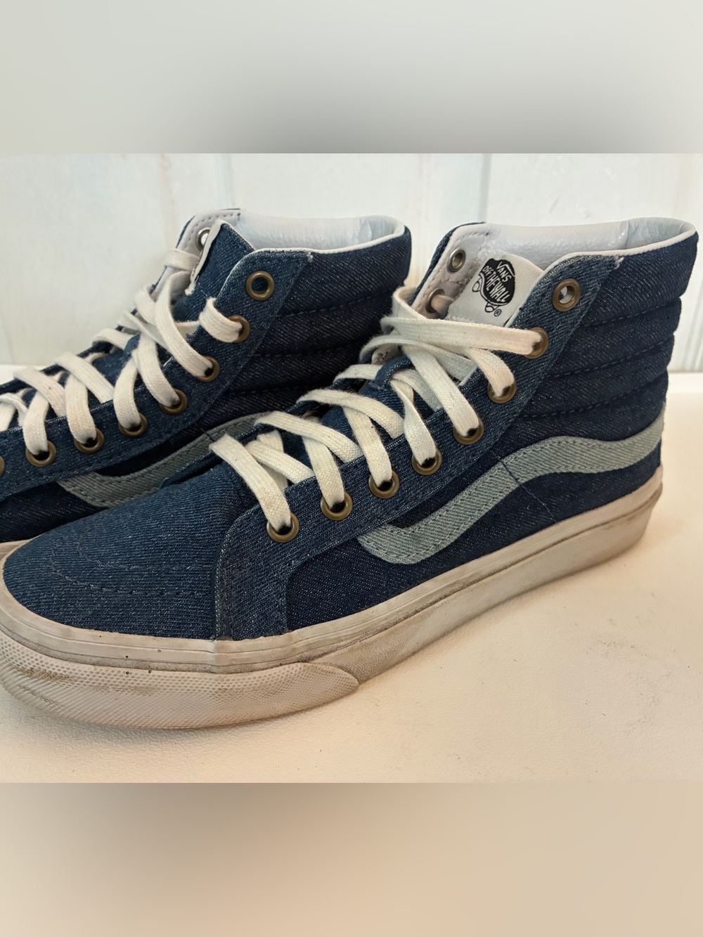 Vans Sk8-Hi Tapered Blue Denim High Top Skate Sneakers W 7 M 5.5 Gorpcore Grunge